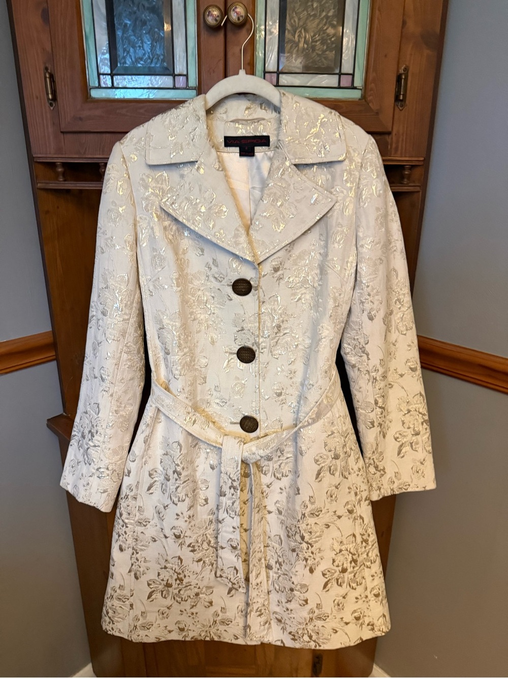 Via Spiga Gold Floral Jacquard Belted Trench Coat Size 4